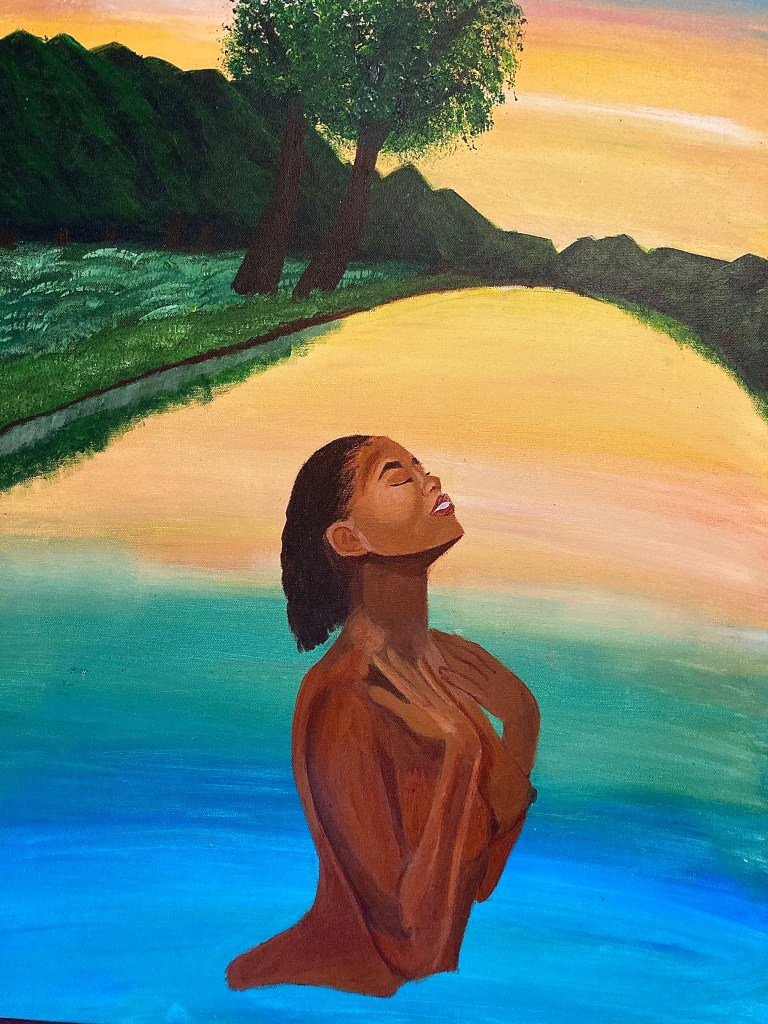 Painting of a woman bathing in a pond at sunset. by Monben